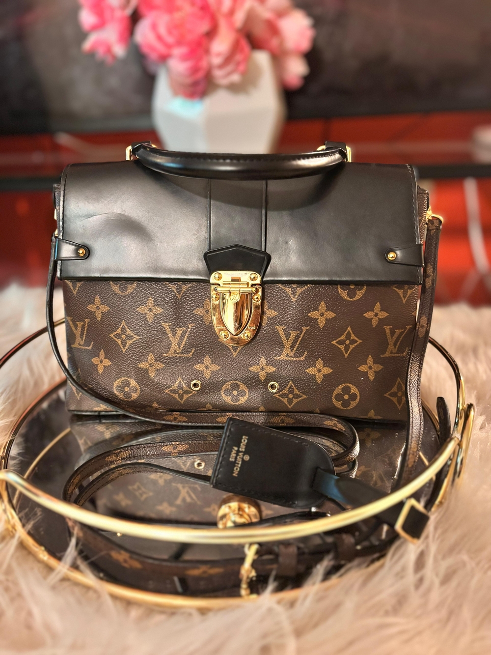Louis Vuitton Brown Monogram Canvas & Black Leather Top-Handle Bag MM